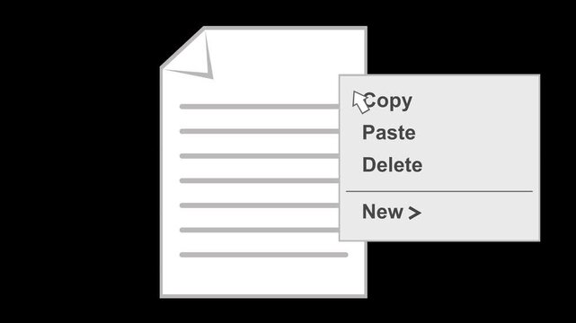 video animation pop-up menu contextual copy option computer file system, on a transparent background with alpha channel set to zero