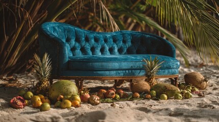 Teal sofa tropical fruit arrangement