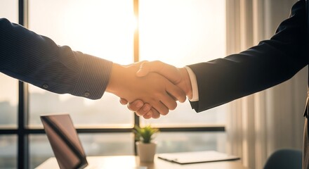 Two business people shaking hands, sealing a deal in a bright office setting.