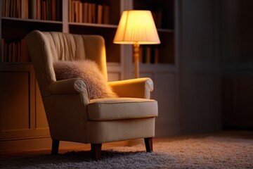 cozy reading corner with armchair, bookshelves, warm lamp light, plush carpet, serene and peaceful atmosphere
