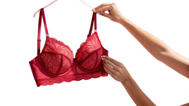 Woman holding a red lace bra isolated on transparent background - Powered by Adobe