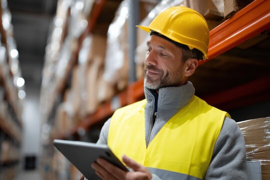 A warehouse worker organizing boxes on shelves using a handheld inventory scanner in a clean facility - Powered by Adobe
