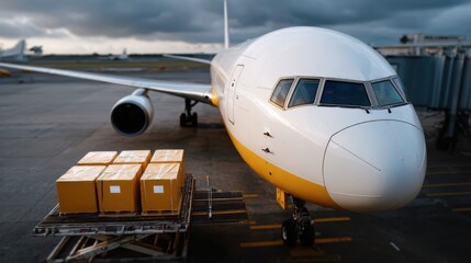 Obraz premium A cargo plane being loaded with freight containers by ground staff at a large airport
