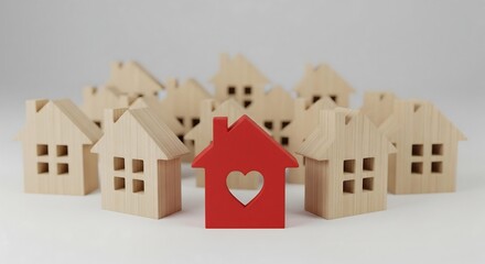 A group of wooden house models, with one house painted red and featuring a heart shape cutout.