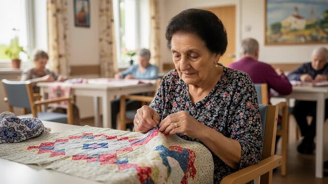 Elderly Middle Eastern woman sewing quilts in modern nursing home with soft lighting and serene atmosphere