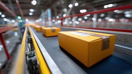 Fototapeta premium A busy distribution center with conveyor belts moving packages rapidly toward sorting stations