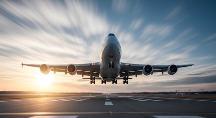 Taking Off: A massive passenger jet ascends into the sky during golden hour, against the backdrop of a stunning sunset, showcasing the power of modern aviation and the allure of travel.