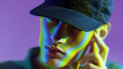 glitch art effect on cartoon hat with neon background