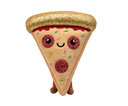 Delightfully whimsical pizza slice plushie with a playful and cheerful expression, perfect for adding a touch of fun to any space or as a unique gift idea