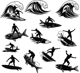 Surfer Riding Waves and Fish Vector Silhouettes, Extreme Surfing Adventure, Ocean Sports Clipart, Unique Sea Wave Surf Illustrations