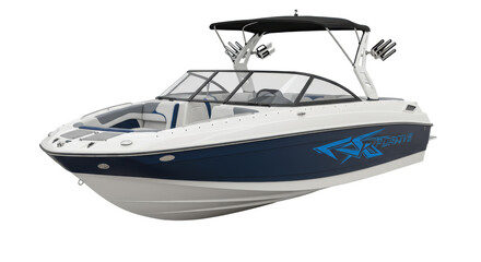 Naklejka premium Sleek modern motorboat with white and dark blue hull, vibrant blue graphics, black bimini, and propeller, isolated on a transparent studio background, concept of luxury and aspiration