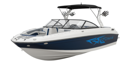 Sleek modern motorboat with white and dark blue hull, vibrant blue graphics, black bimini, and propeller, isolated on a transparent studio background, concept of luxury and aspiration