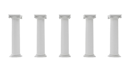 Obraz premium Five identical, majestic white classical architectural columns in a high-key professional studio with soft, diffused lighting and sharp focus, concept of foundational strength