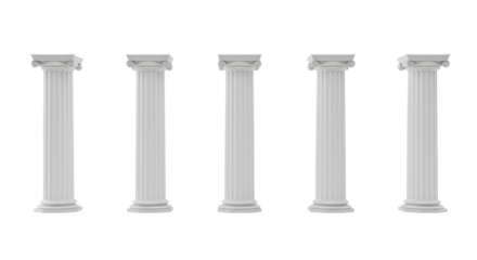 Five identical, majestic white classical architectural columns in a high-key professional studio with soft, diffused lighting and sharp focus, concept of foundational strength