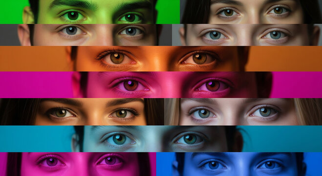 A colorful collage of human eyes in different colors, showcasing diversity, individuality, and the beauty of the human gaze and expression
