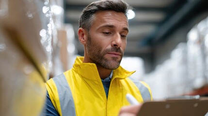 A warehouse manager inspecting goods and checking shipment labels for accuracy in a large distribution center
