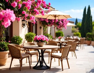 Fototapeta premium Outdoor patio dining area with pink flowers