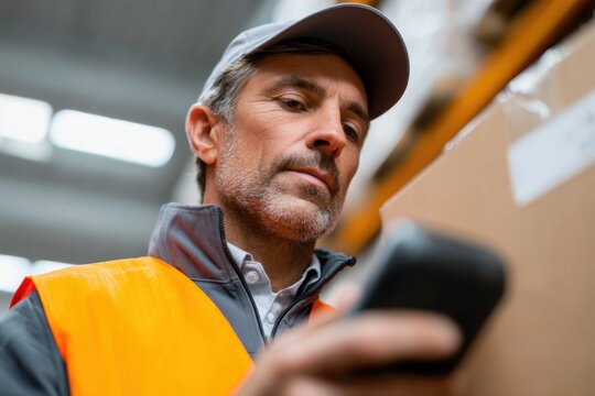 A warehouse worker scanning barcodes on packages for inventory management using a handheld device