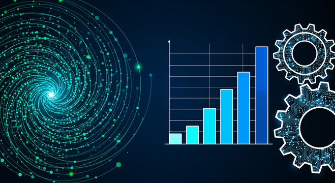 Abstract digital background with glowing spiral, bar graph, and gears, representing data analysis, technology, and business growth concept