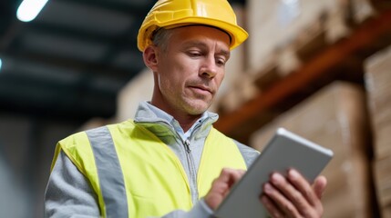 A professional warehouse supervisor reviewing inventory on a digital tablet while standing next to stacked pallets