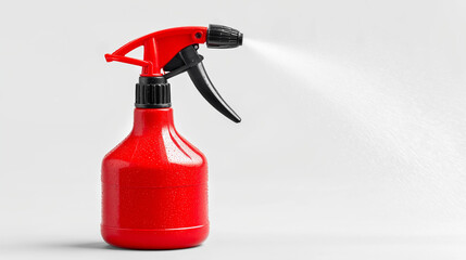 Naklejka premium A bright red water sprayer stands upright on a clean gray background, showcasing a simple, practical design for everyday use.