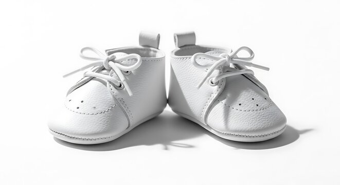 Pair of white baby shoes with laces, isolated on white background