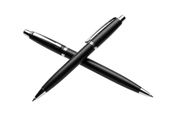 Pristine black ballpoint pen with polished barrel, gleaming silver accents, floating on a transparent minimalist background, photorealistic, high-key studio light, diagonal composition. Concept of