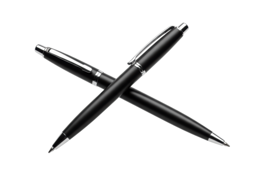 Pristine black ballpoint pen with polished barrel, gleaming silver accents, floating on a transparent minimalist background, photorealistic, high-key studio light, diagonal composition. Concept of