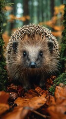 Fototapeta premium Hedgehog exploring the forest floor among fallen autumn leaves during a sunny day