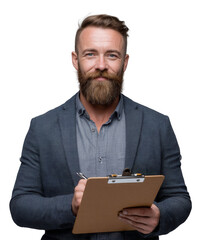 Confident bearded professional with clipboard ready to make a deal, a modern businessman taking notes with a smile, perfect for corporate communications