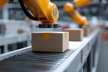 A warehouse with robotic arms picking and placing packages efficiently on a moving conveyor belt system