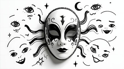Mysterious Venetian mask surrounded by whimsical faces and stars