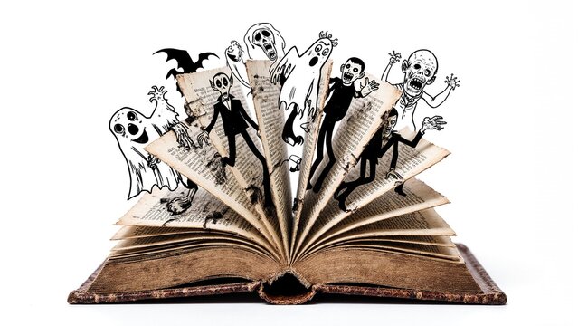 An open book revealing ghostly figures and bats