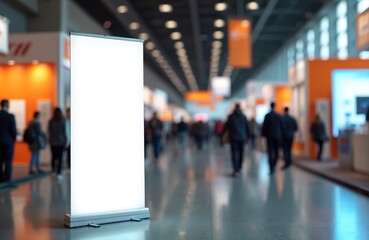 Blank vertical roller banner stands in busy convention center aisle. Use empty promotional space for trade show signage, advertising, commercial marketing visuals. Background features blurred crowds,