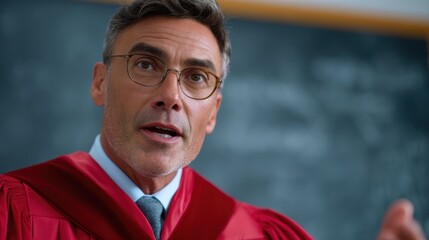 Teacher wearing a graduation robe explaining the significance of academic traditions