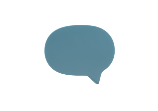 A sleek, modern communication bubble graphic in a muted teal or soft violet hue, isolated on transparent studio background with copy space, concept of dialogue and new ideas