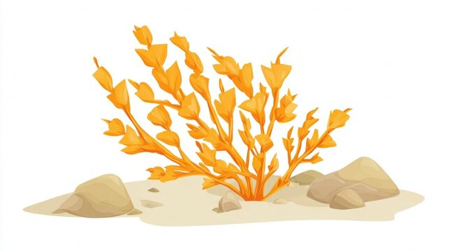 Fototapeta Illustration of a vibrant orange seaweed plant on sandy ground with rocks.