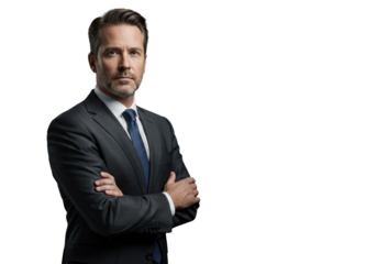 A poised male executive in a charcoal grey suit with a groomed beard and folded arms, standing confidently against a deep grey studio background with copy space, concept of strategic business