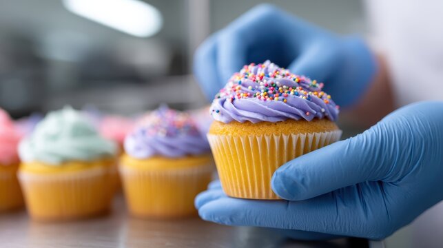 A close-up of hands decorating cupcakes with colorful frosting and sprinkles in a bakery kitchen - Powered by Adobe