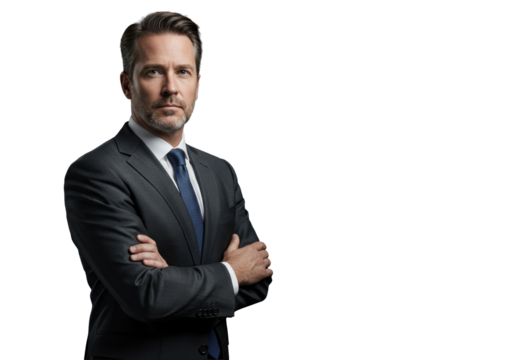 A poised male executive in a charcoal grey suit with a groomed beard and folded arms, standing confidently against a deep grey studio background with copy space, concept of strategic business