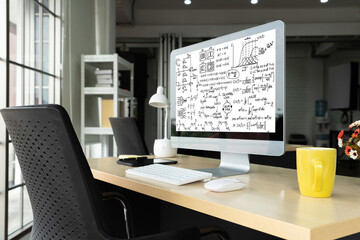 Mathematic equations and modish formula on computer screen showing concept of science and education
