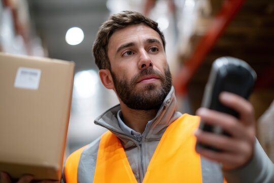 A warehouse worker scanning barcodes on packages for inventory management using a handheld device