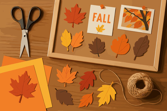 DIY Fall Crafting. Illustrated tabletop with DIY fall crafts in progress — scissors, paper leaves, twine and seasonal inspiration