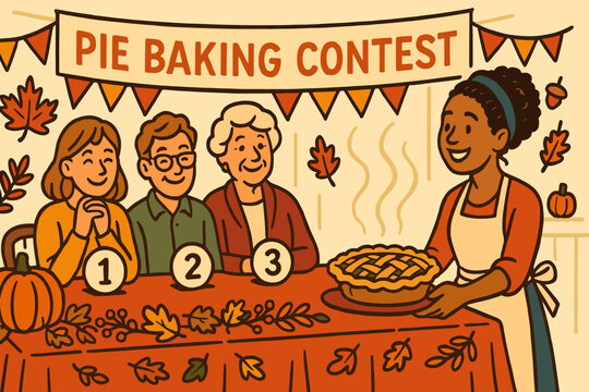 Pie Baking Contest. Illustrated setup of pie baking contest with judges, contestant smiles, steam rising and fall table