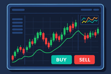 Dynamic Trading Interface. Illustrated trading platform interface with fluctuating graphs, buy/sell buttons and colorful