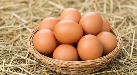 A woven basket filled with fresh brown eggs rests on a bed of golden straw, showcasing natural farm bounty