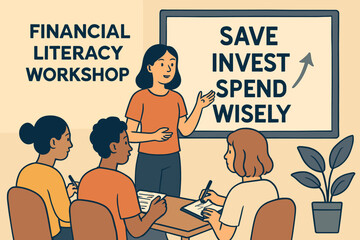 Financial Literacy Workshop. Vector art of financial literacy workshop with attendees taking notes, screen showing “Save, Invest,