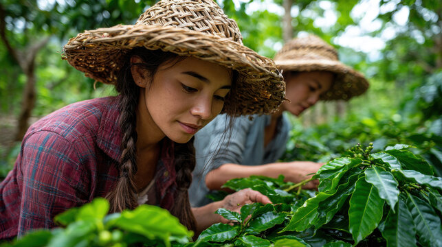 Women in coffee cooperative harvest fresh beans with care and dedication, showcasing their connection to nature and community spirit