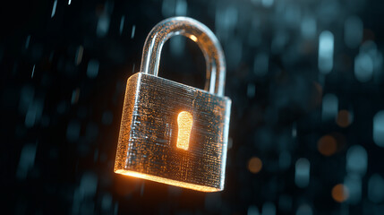 A digital padlock floats in a cyber world, symbolizing online security, data protection, and advanced cybersecurity in a futuristic environment.