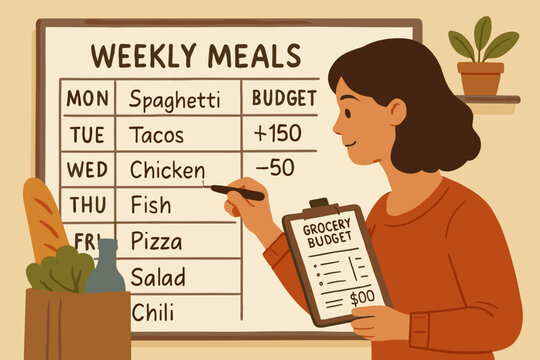 Meal Planning Strategy. Illustrated scene of mom planning weekly meals on a whiteboard while tracking grocery budget.